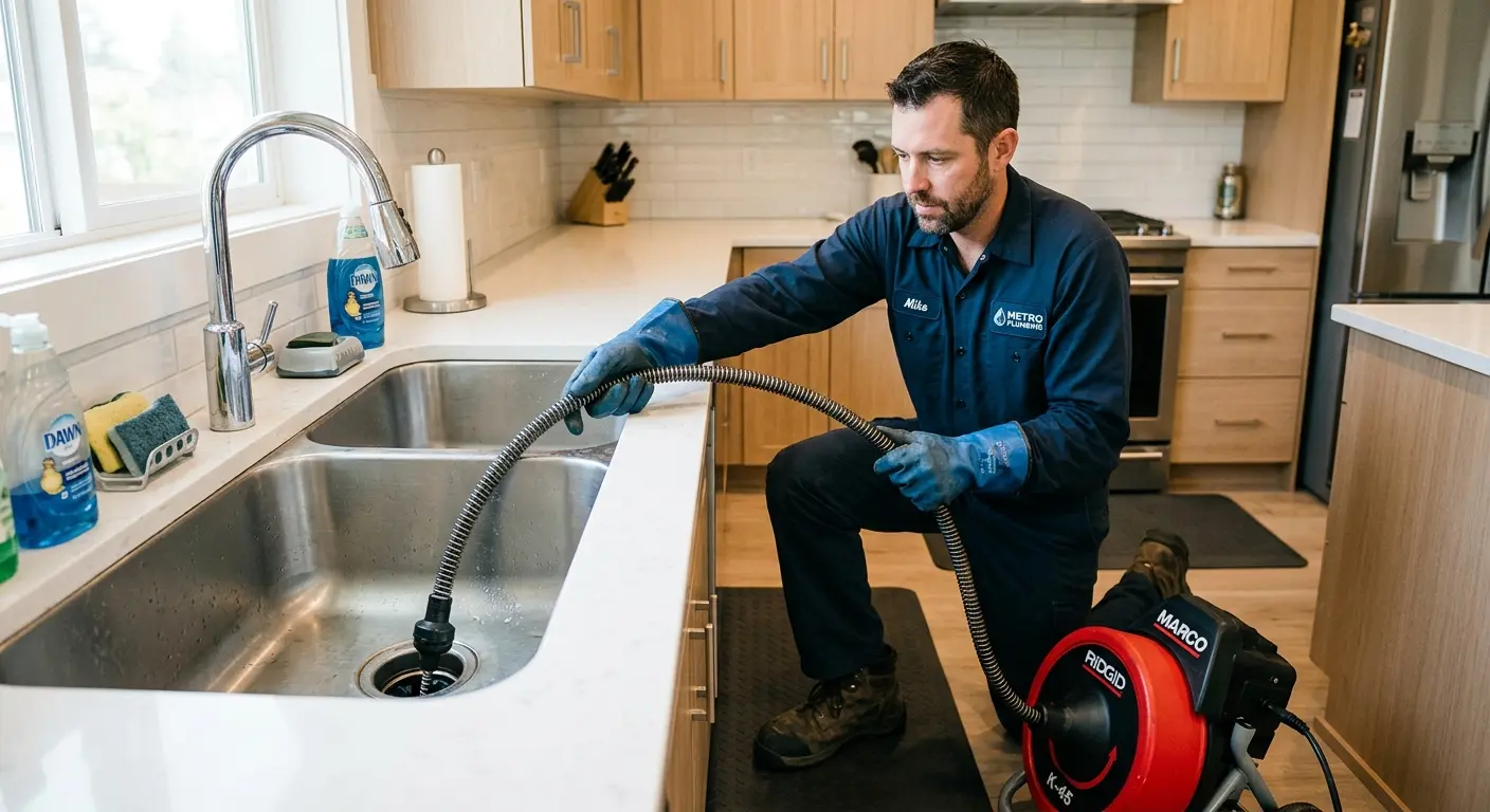 Drain cleaning technician using a motorized snake on a kitchen sink in Belle Glade