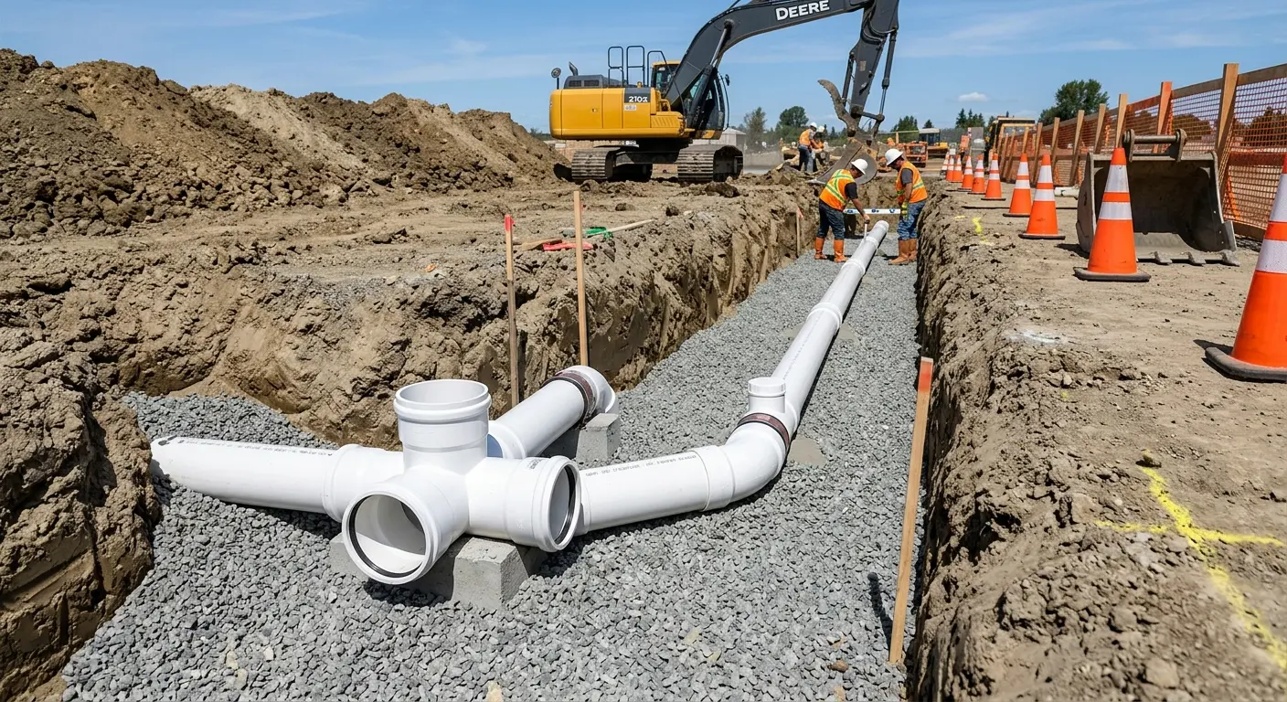 New PVC sewer pipe installation in open trench for Sewer Backup in Belle Glade