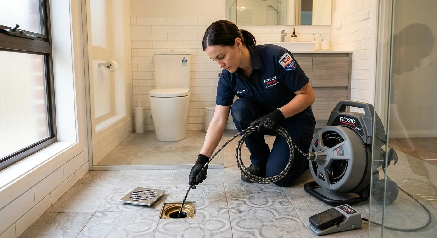 Technician clearing a bathroom floor drain for Drain Repair in Belle Glade
